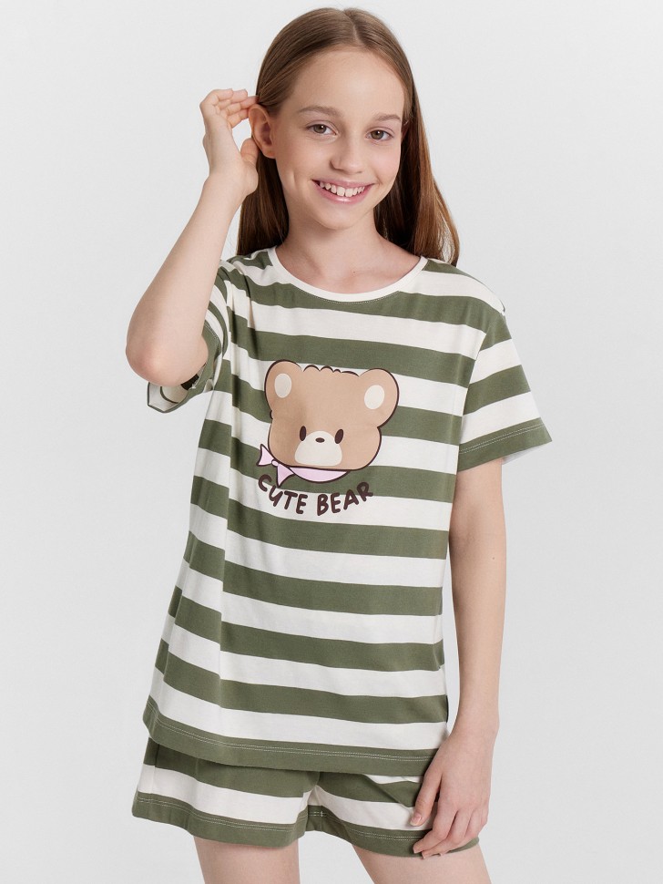 Комплект домашний для девочек в полоску с принтом "cute bear" 567727