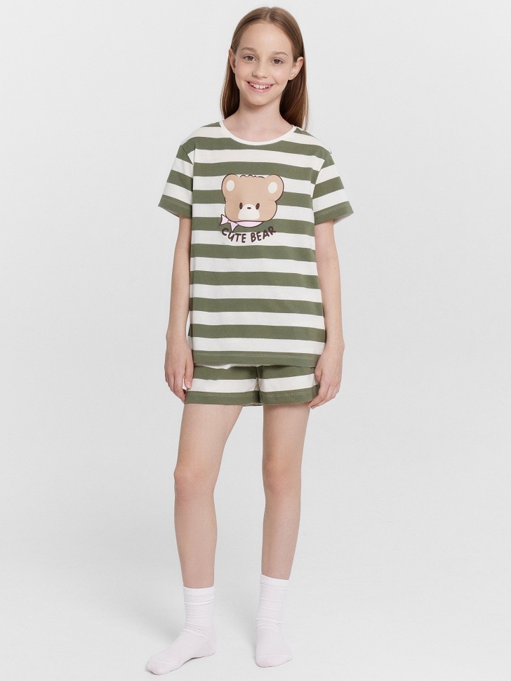 Комплект домашний для девочек в полоску с принтом "cute bear" 567727