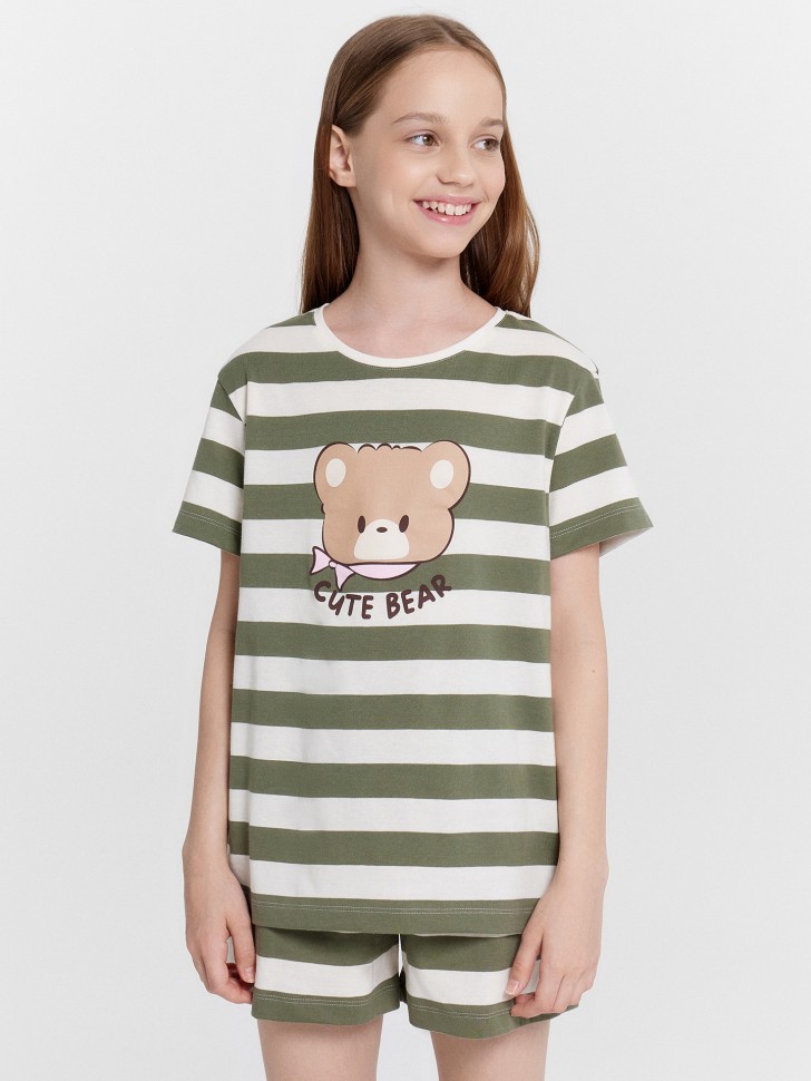 Комплект домашний для девочек в полоску с принтом "cute bear" 567727