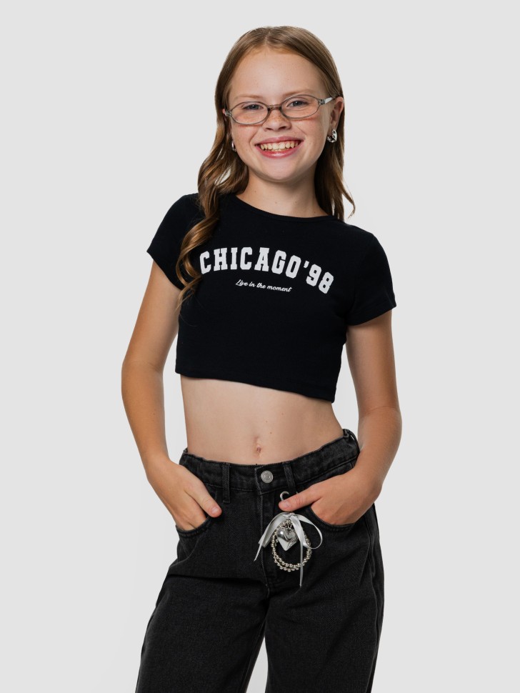 Топ для девочек черный с надписью "Chicago" 117940 Mark Formelle