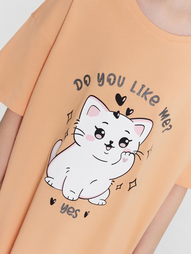 Сорочка ночная для девочек оранжевая с принтом и надписью "Do you like me? Yes" 577717