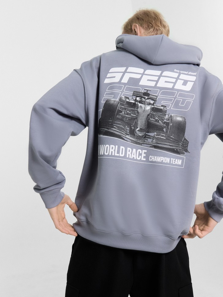 Худи мужское серое с принтом и надписью "world race" 121927