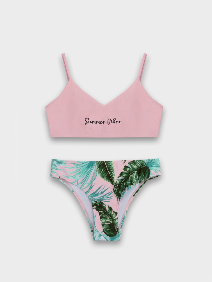 Купальник для девочек раздельный с тропическим принтом и надписью "summer vibes" 707781 Mark Formelle