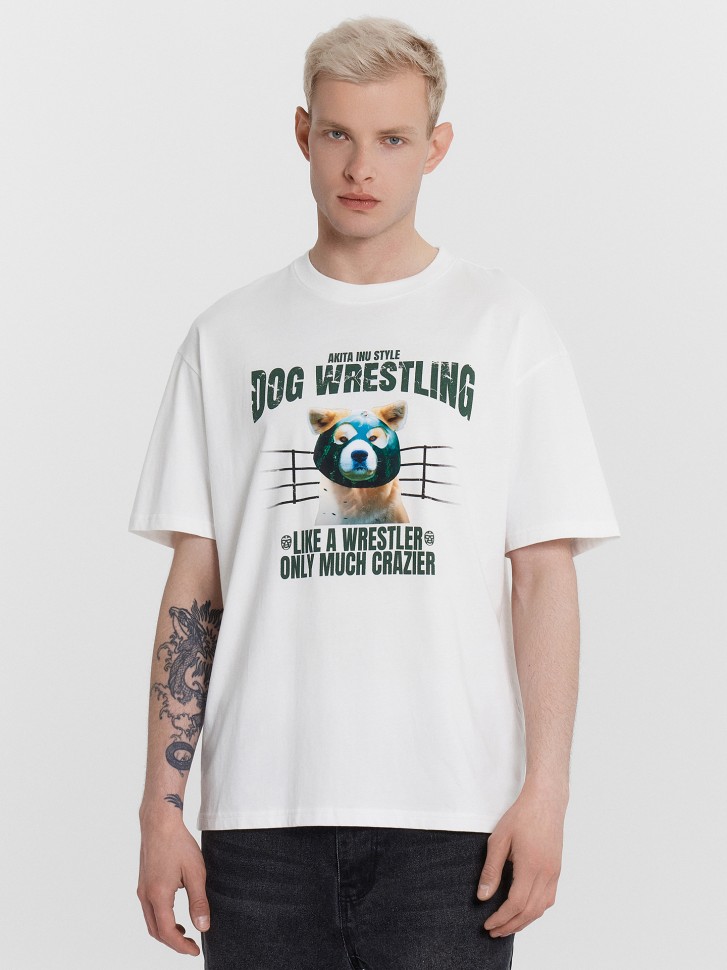 Футболка мужская белая с принтом "Dog wrestling" 111927 Mark Formelle