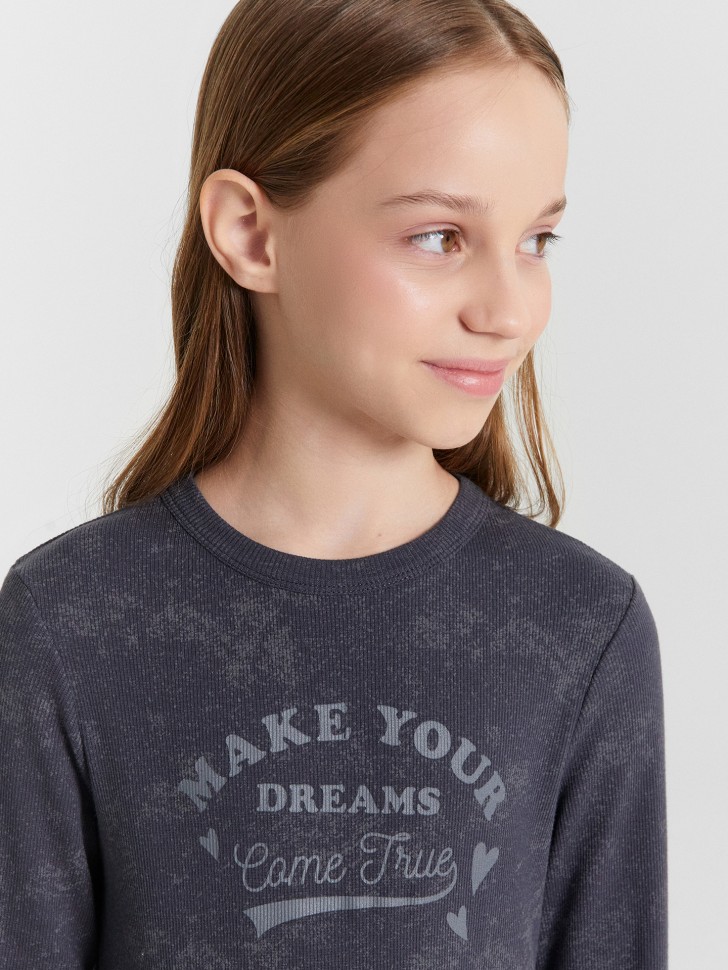 Лонгслив для девочек серый с обработкой эйсид и надписью "make your dream" 127917/1