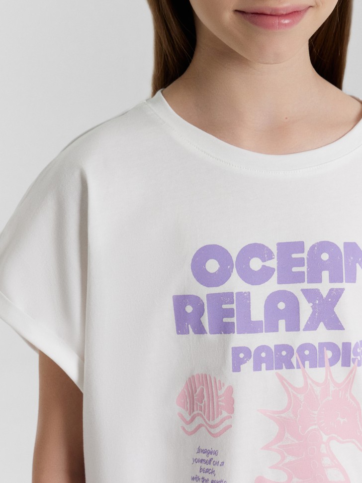 Футболка для девочек белая с принтом и надписью "relax ocean paradise" 117904