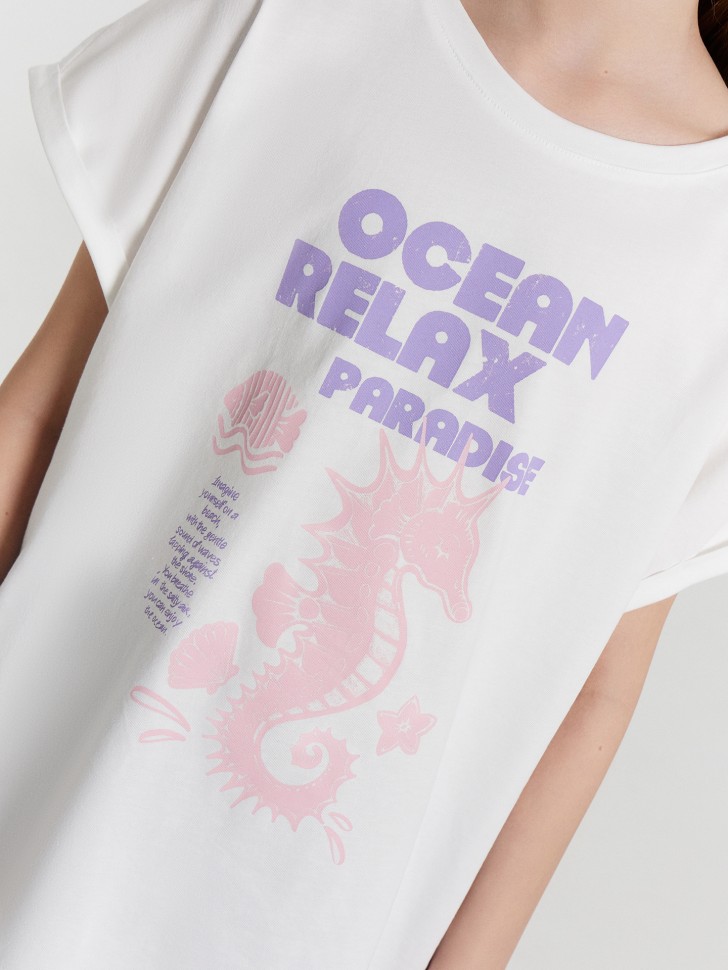 Футболка для девочек белая с принтом и надписью "relax ocean paradise" 117904