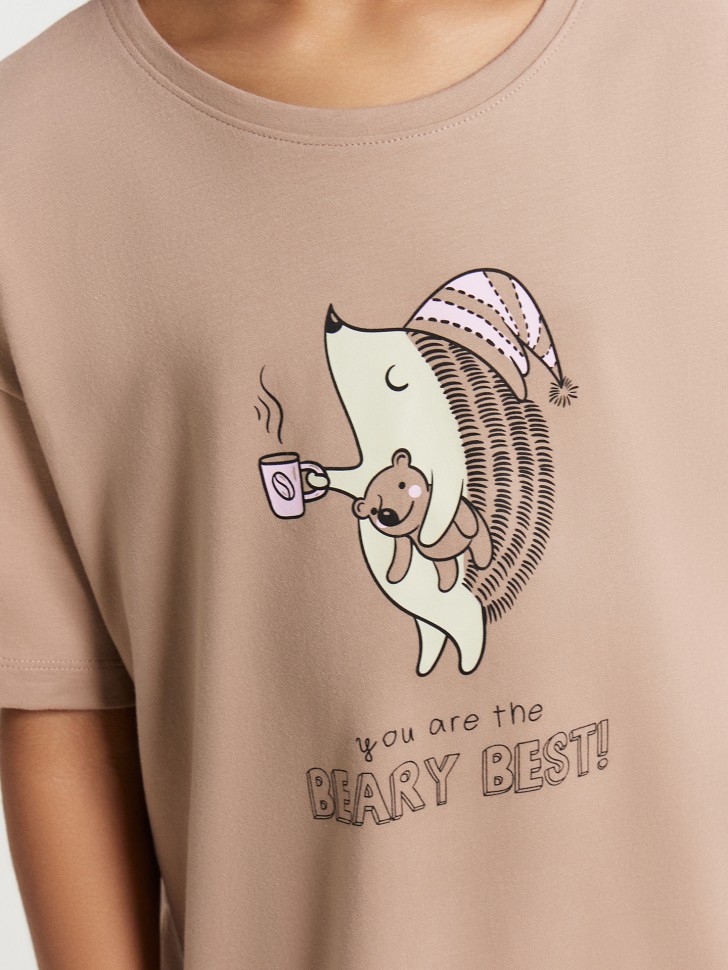 Сорочка ночная для девочек бежевая с принтом и надписью "you are the beary best" 577717