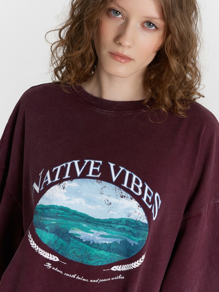 Футболка женская бордовая с принтом и надписью "native vibes" 112953 Mark Formelle