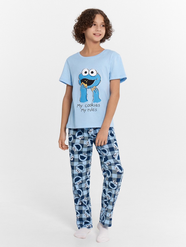 Пижама для мальчиков голубая с принтом Cookie Monster 563324